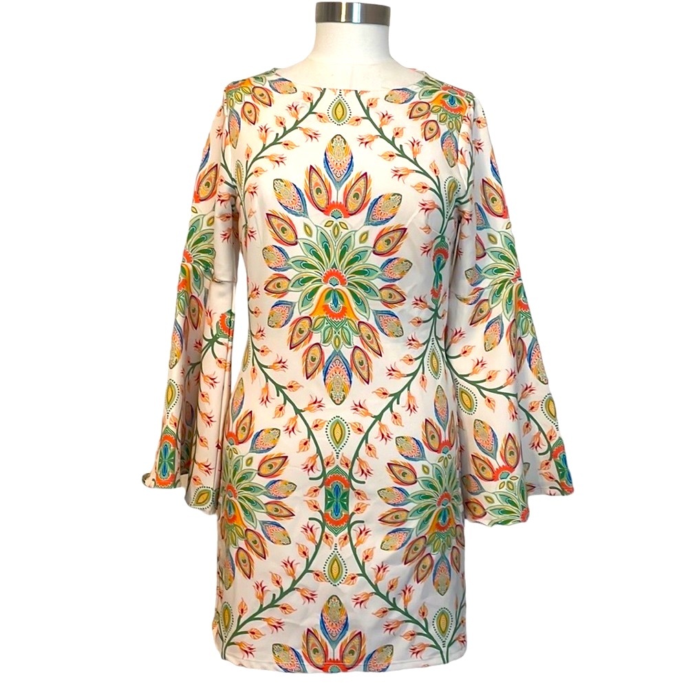 Flying Tomato - Orange, Green & Blue on Cream Bell Sleeve Dress - Size S
